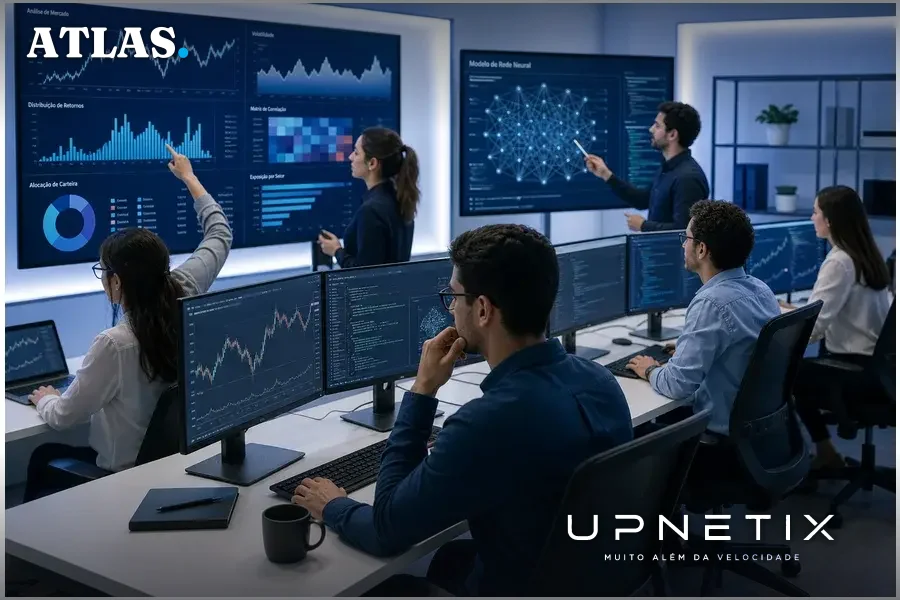 Equipe de pesquisadores brasileiros trabalhando em laboratório tecnológico com monitores exibindo dados e IA.