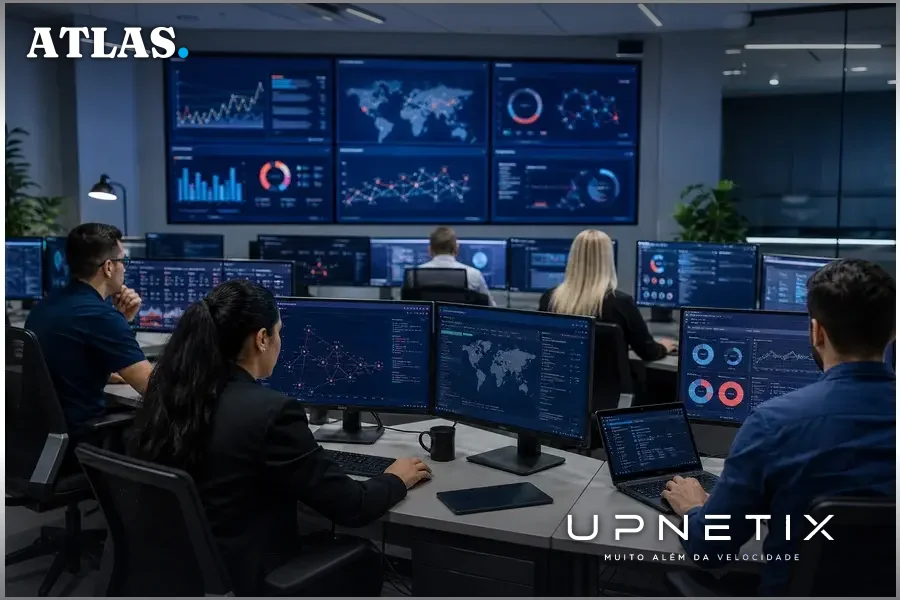Especialistas em segurança cibernética monitorando ataques em ambiente corporativo moderno.