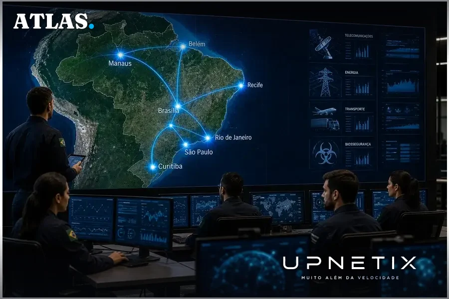 Mapa realista do Brasil com as cidades de Brasília, Manaus, Rio de Janeiro, Belém, Recife, São Paulo e Curitiba destacadas e conectadas digitalmente.
