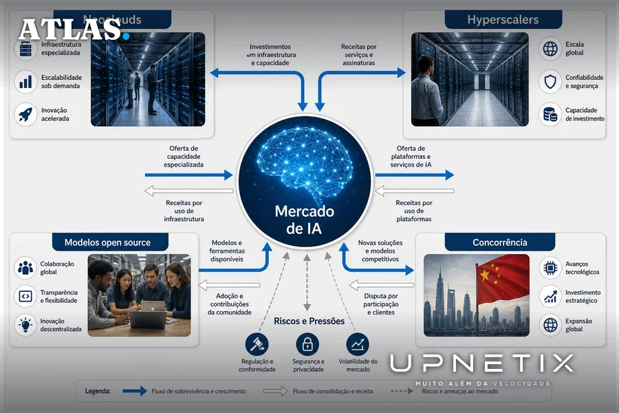 Diagrama realista mostrando fluxos e desafios no mercado de IA entre neoclouds, hyperscalers e concorrentes