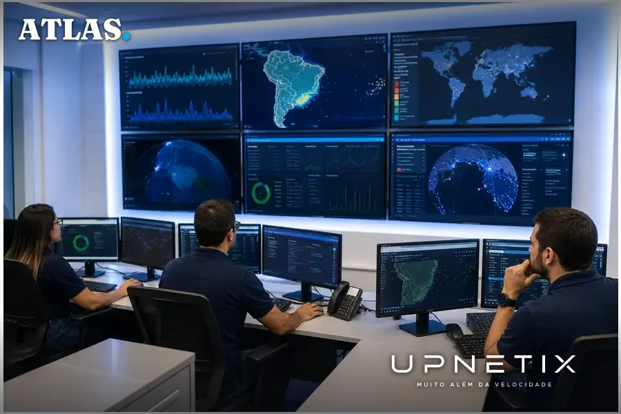 Sala técnica de monitoramento de rede de telecomunicações com profissionais trabalhando.