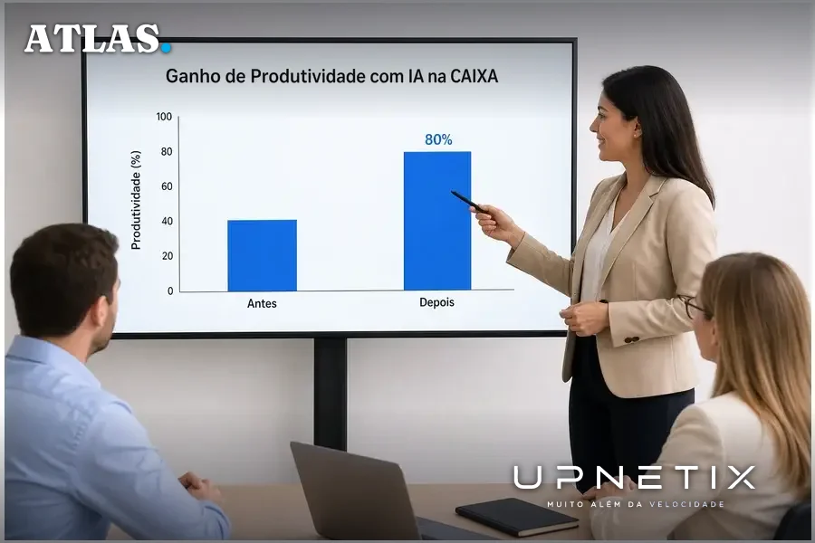 Gráfico de barras mostrando aumento de produtividade em atividades administrativas na CAIXA com IA