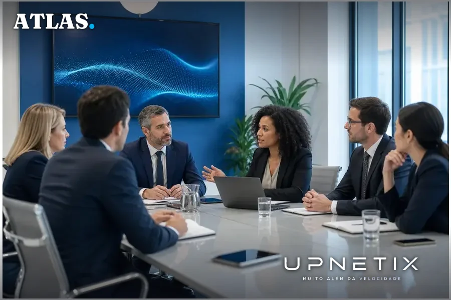 Executivos discutindo estratégias de governança e controle de riscos associados ao uso de IA em empresa.