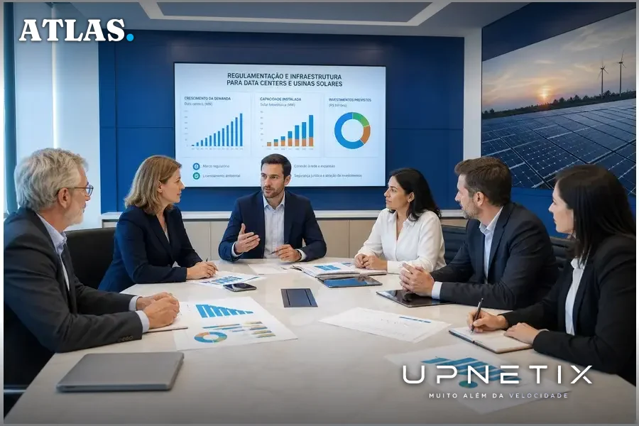 Executivos reunidos discutindo estratégias para energia renovável e infraestrutura em ambiente corporativo.