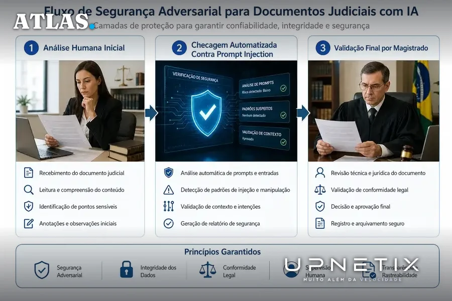 Diagrama realista do fluxo de governança e segurança contra manipulação de IA judicial.