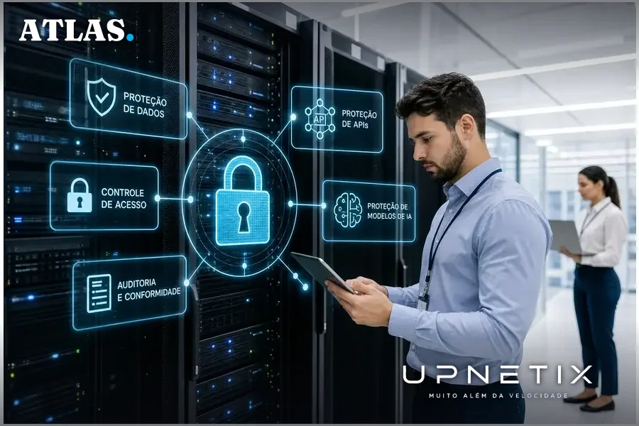 Data center moderno com servidores e símbolos digitais de proteção de infraestrutura de IA