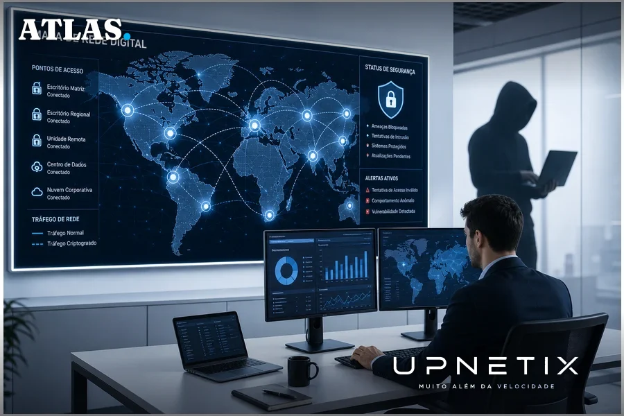 Mapa de rede digital com pontos vulneráveis e ameaça de cibercriminosos representada por sombra.