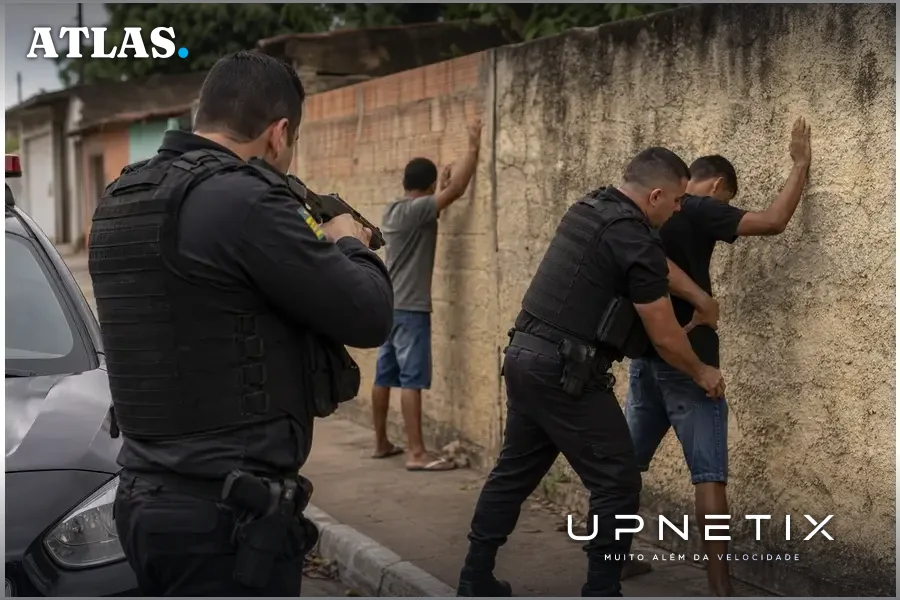 Policiais efetuando prisão de suspeitos de roubo em operação apoiada por inteligência artificial em Aparecida de Goiânia