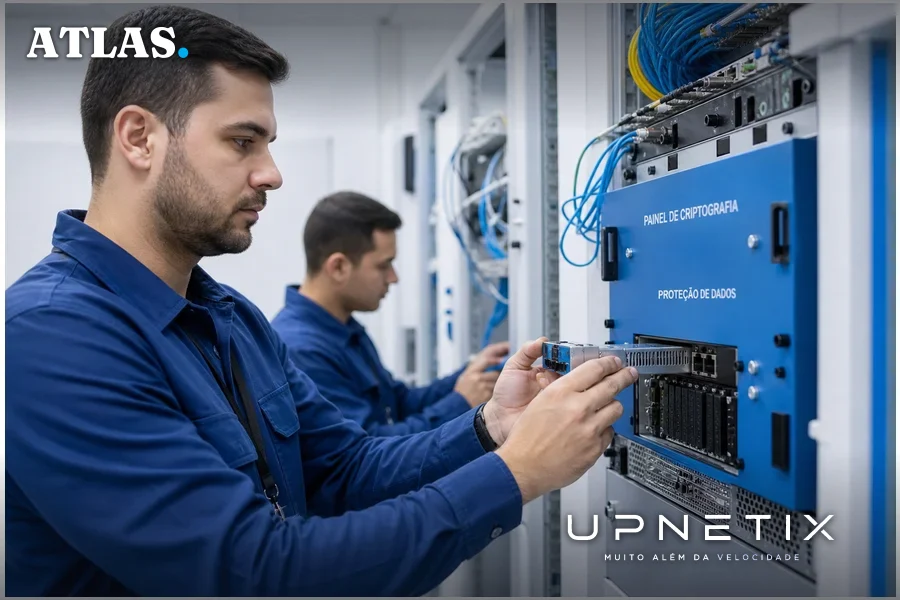 Técnicos realizando testes de segurança em equipamentos de rede de fibra óptica com dispositivos de criptografia