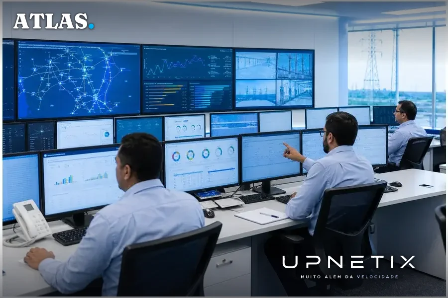 Sala de controle de transmissão de energia com operadores e painéis de monitoramento.