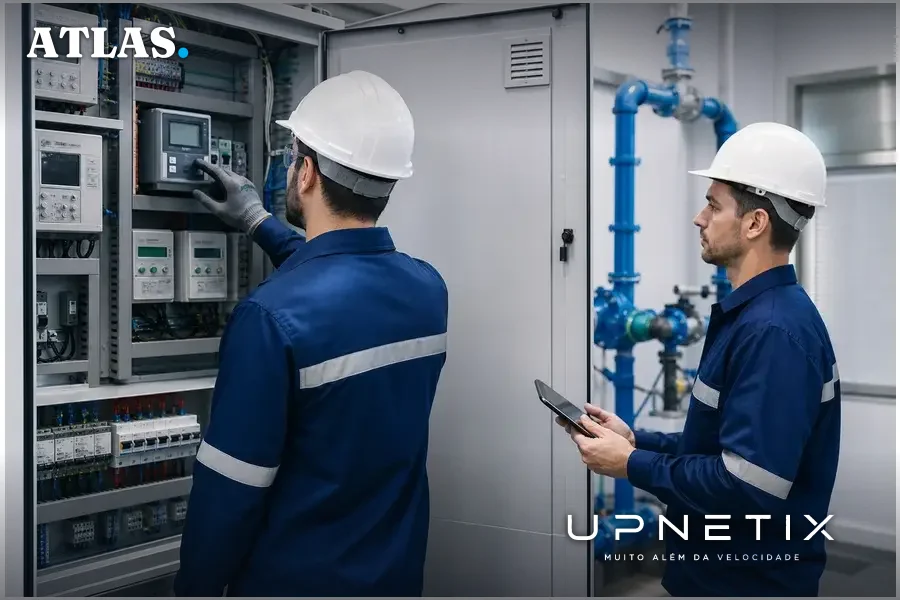 Técnicos operando controle de energia e água em data center sob nova regulamentação.
