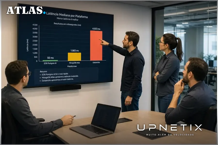 Equipe de TI analisando gráficos de latência de plataformas de banco de dados para IA em monitor grande.