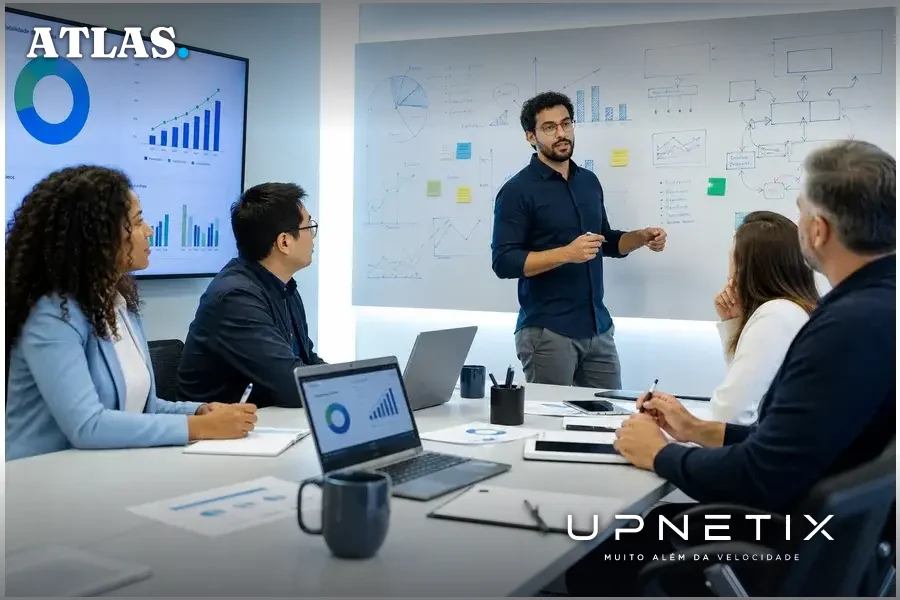 Líderes de TI reunidos discutindo estratégias de SRE e inteligência artificial em empresa de grande porte