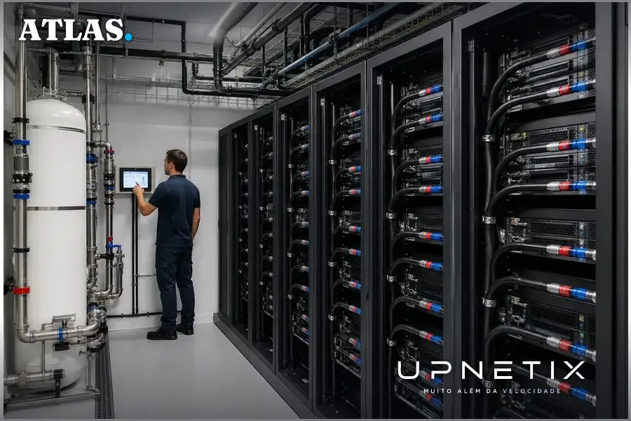 Sistema de refrigeração líquida em data center com tubulações conectadas aos servidores