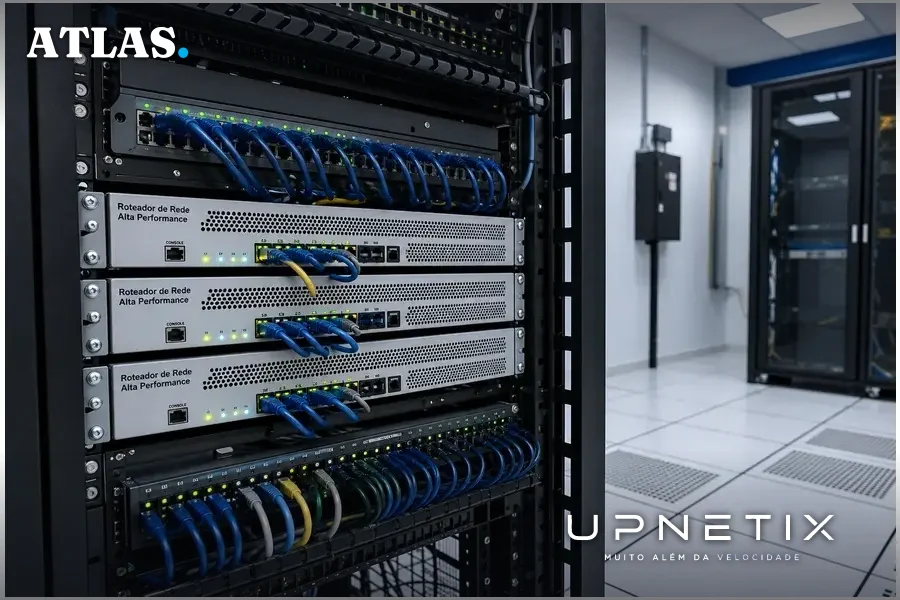 Roteador MikroTik em rack de servidores em data center corporativo.