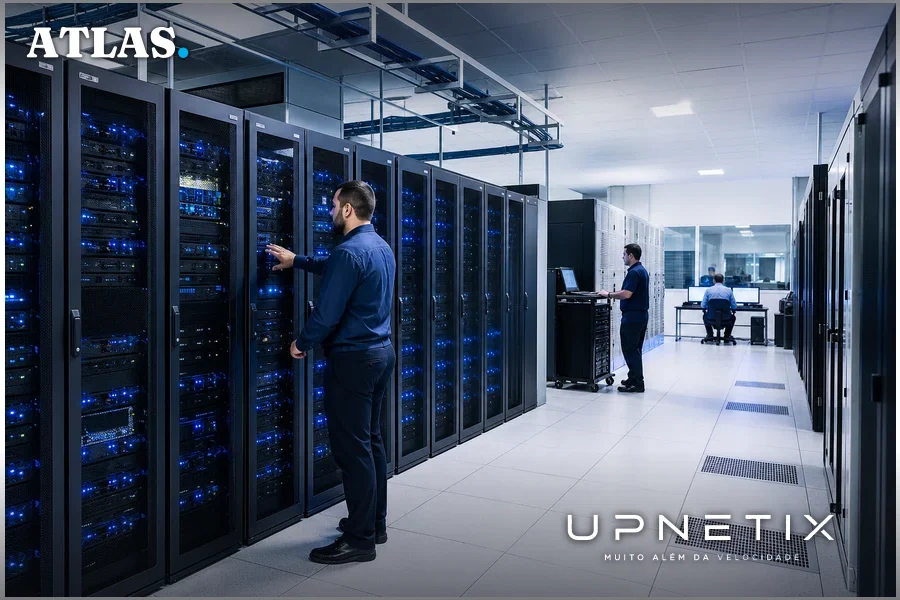 Sala operacional de data center com servidores e técnicos trabalhando