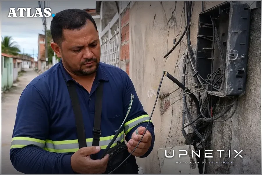Técnico de ISP brasileiro inspecionando rede de fibra óptica danificada em bairro urbano do Ceará.