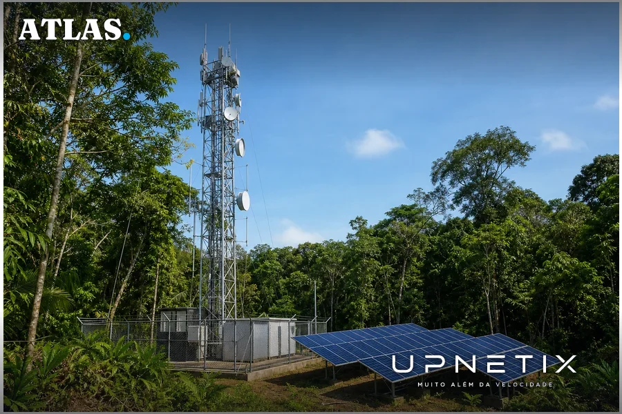 Estação de telecomunicações com antenas e painéis solares na floresta amazônica