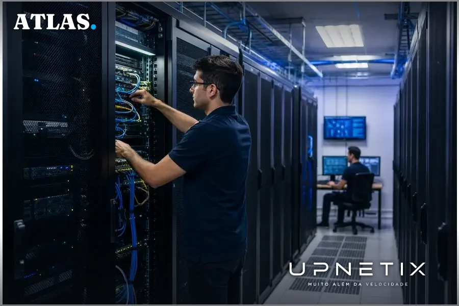 Edge data center em município do interior com técnicos e equipamentos de alta tecnologia.
