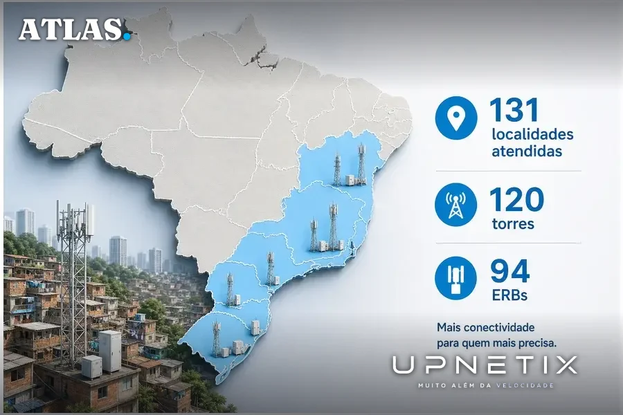 Mapa realista dos estados brasileiros com pontos indicando torres e estações rádio base instaladas pela Highline em áreas periféricas.