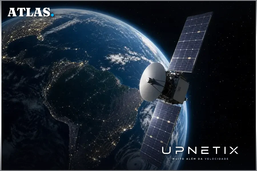 Imagem realista de satélite Starlink em órbita com o Brasil visível na Terra ao fundo.