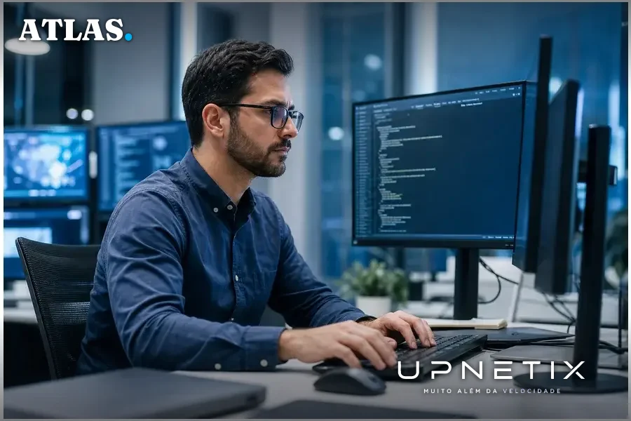 Profissional de TI trabalhando em múltiplos computadores em escritório moderno