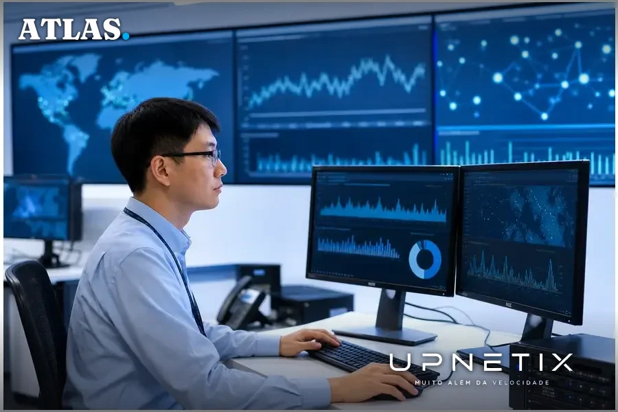 Técnico de telecomunicações trabalhando em sala de controle de rede móvel durante teste de redução da internet móvel em Taiwan.