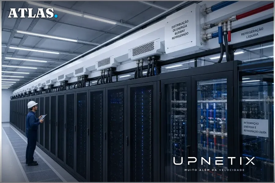 Sistema busway refrigerado instalado acima dos racks, integrando energia e refrigeração líquida em data center.
