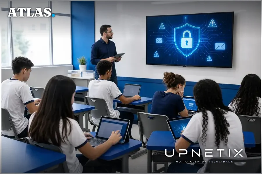 Sala de aula brasileira com alunos usando dispositivos digitais representando o setor educacional alvo de ataques cibernéticos.