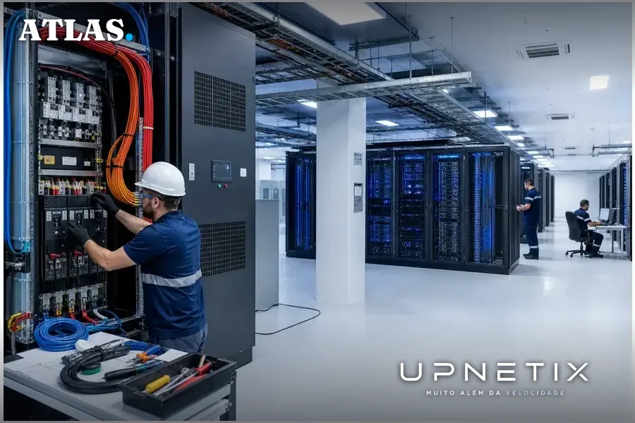Data center em construção com equipamentos elétricos e técnicos trabalhando.