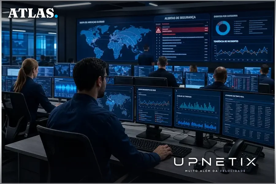 Analistas de cibersegurança monitorando ataques de ransomware em uma sala de operações moderna.