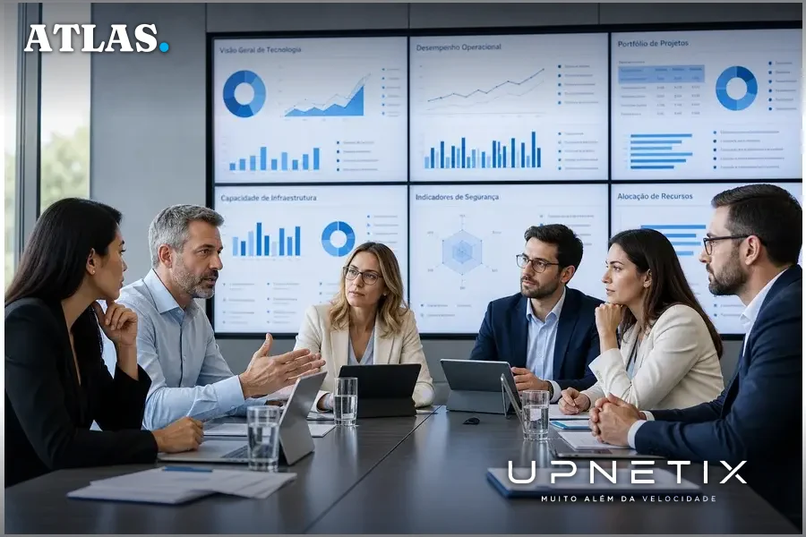 Reunião corporativa de CIOs e CTOs discutindo projetos de IA em sala moderna