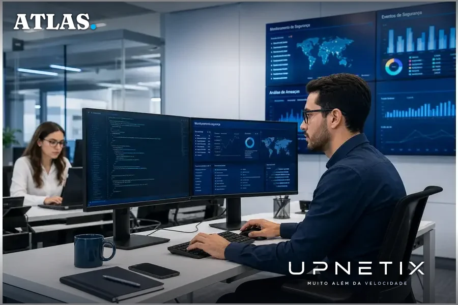 Profissionais de TI em ambiente corporativo moderno analisando códigos e segurança digital.