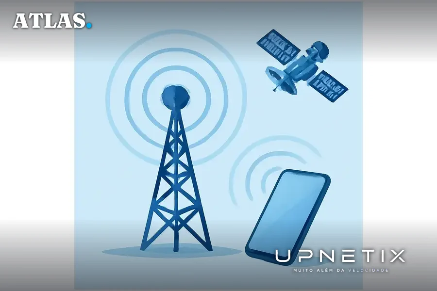 Torre de telecomunicações conectando satélite e smartphone