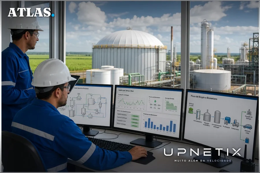 Usina sucroenergética brasileira com equipamentos para biogás e biometano, técnicos em operação digital.