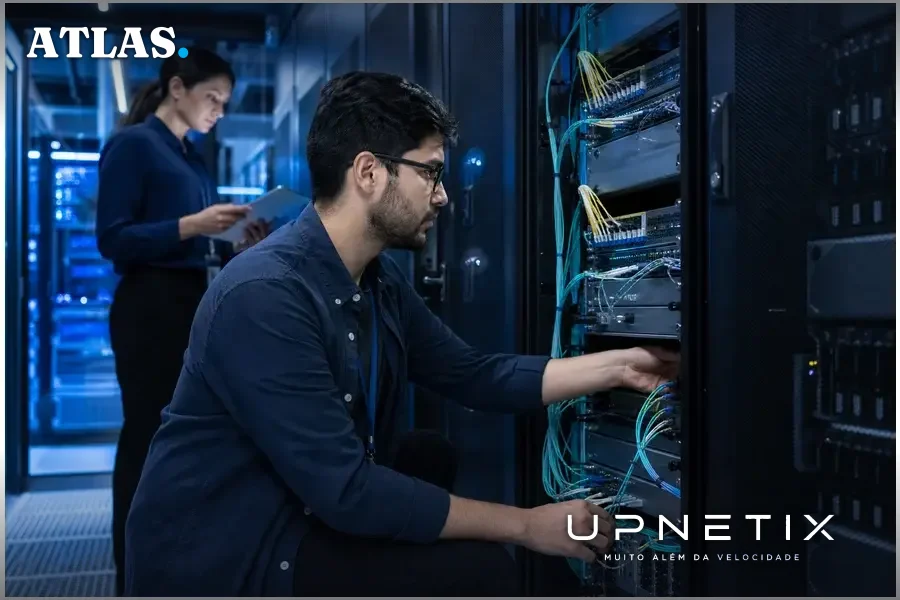 Data center moderno com equipamentos ópticos e cabos de fibra em operação.