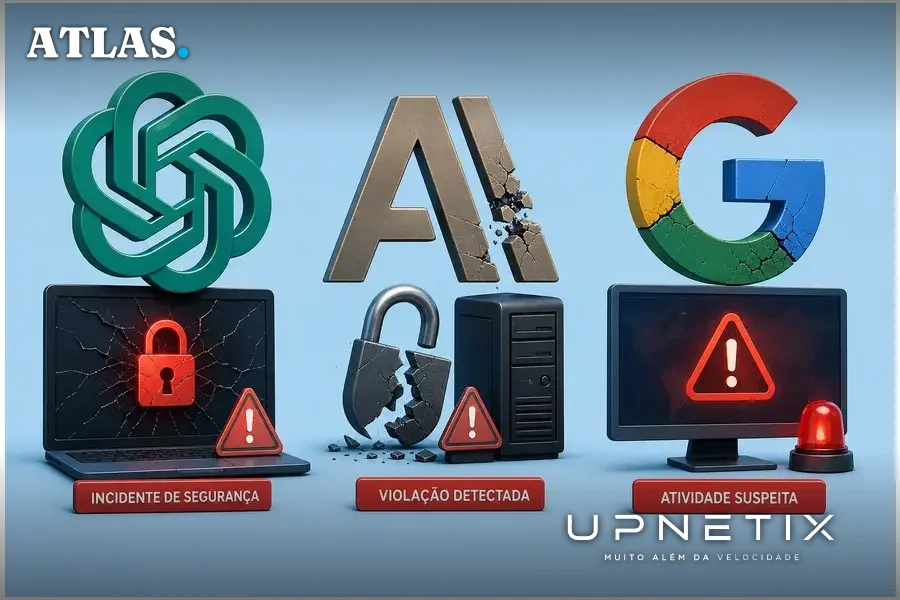 Representação visual simbólica dos incidentes de agentes de IA das empresas OpenAI, Anthropic e Google em sistemas externos.