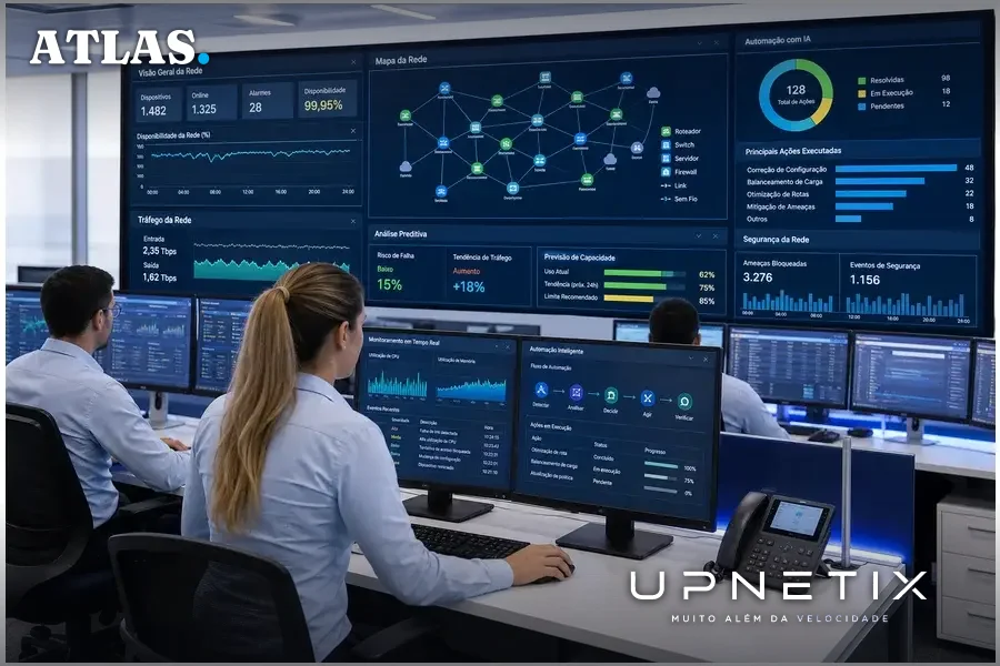 Operadores em sala de controle de redes com interfaces digitais e gráficos em português.