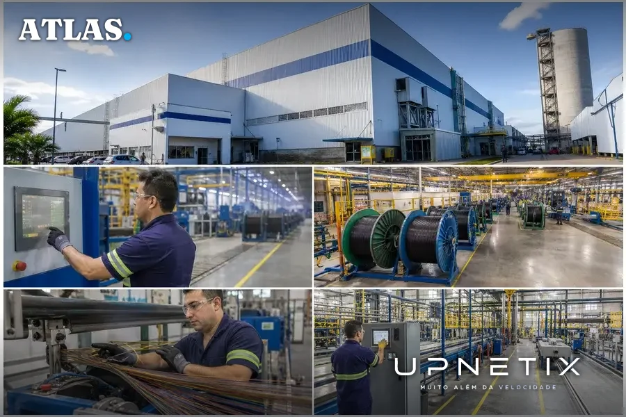Fábrica da Prysmian com operadores e máquinas industriais em operação, destacando produção nacional de fibra óptica.