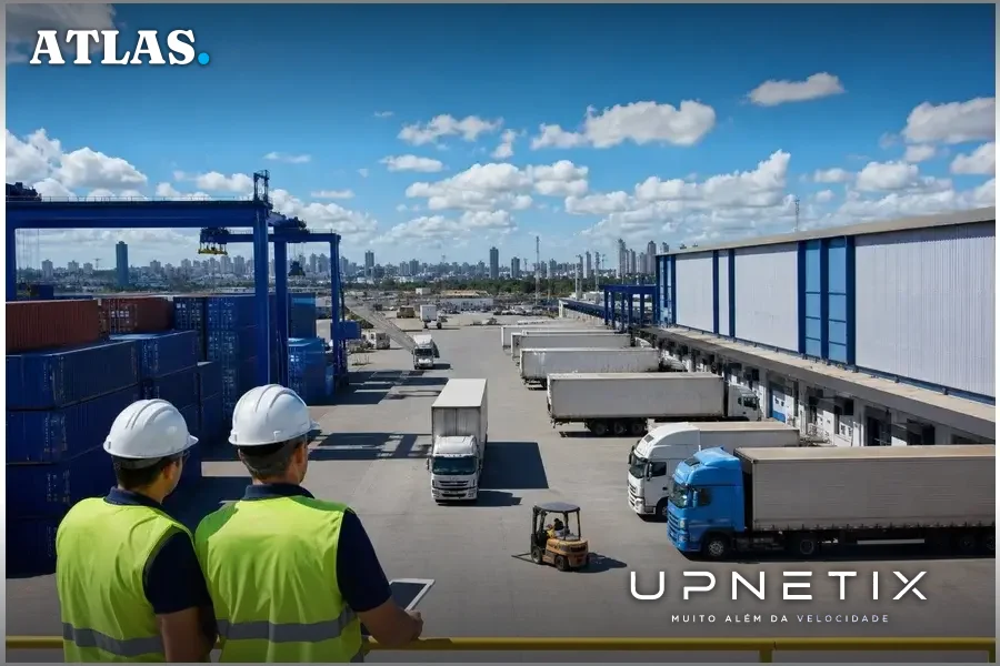 Terminal logístico com caminhões e contêineres representando setor de transporte e logística no Brasil.