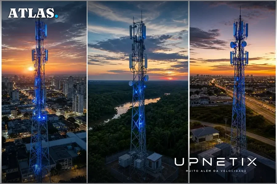 Torres de telecomunicações nas regiões Norte e São Paulo, representando a infraestrutura para serviços 4G e 5G na faixa de 700 MHz.