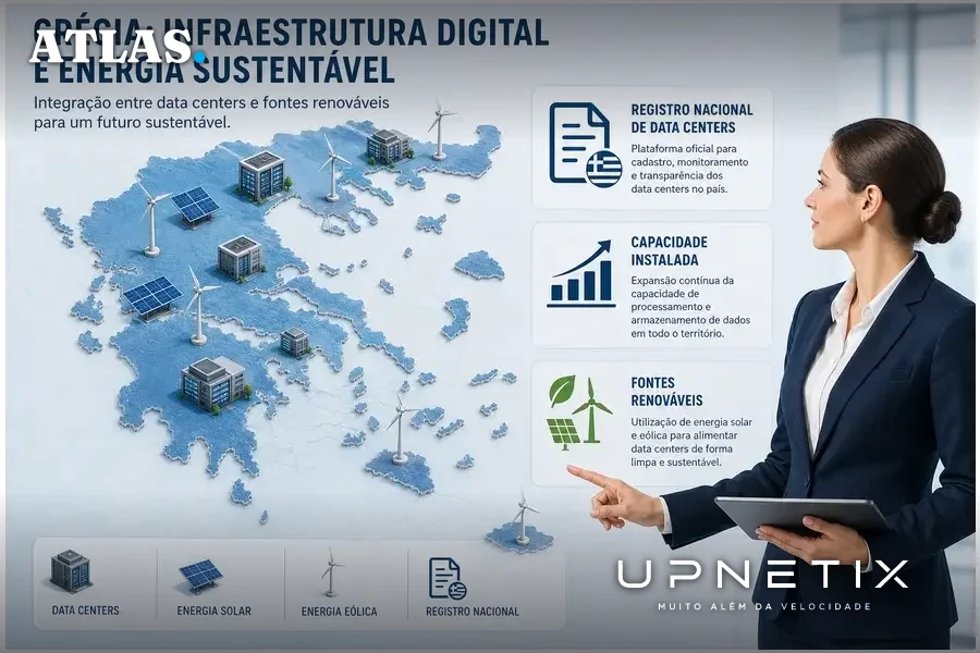 Mapa da Grécia com ícones representando data centers, energia renovável e registro nacional.