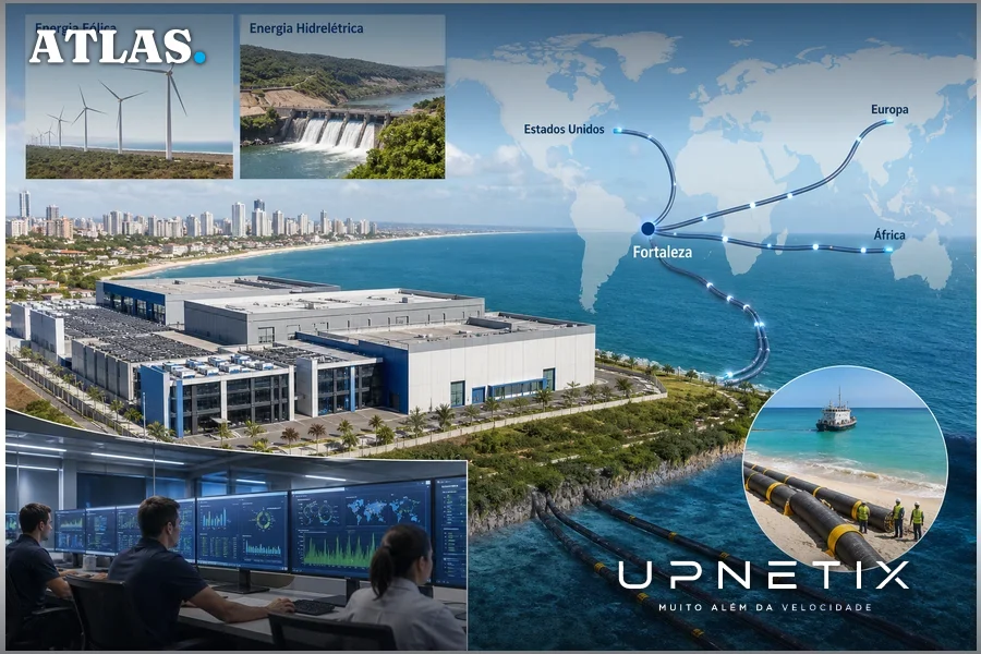 Complexo de data centers em Fortaleza com cabos submarinos e fontes de energia renovável