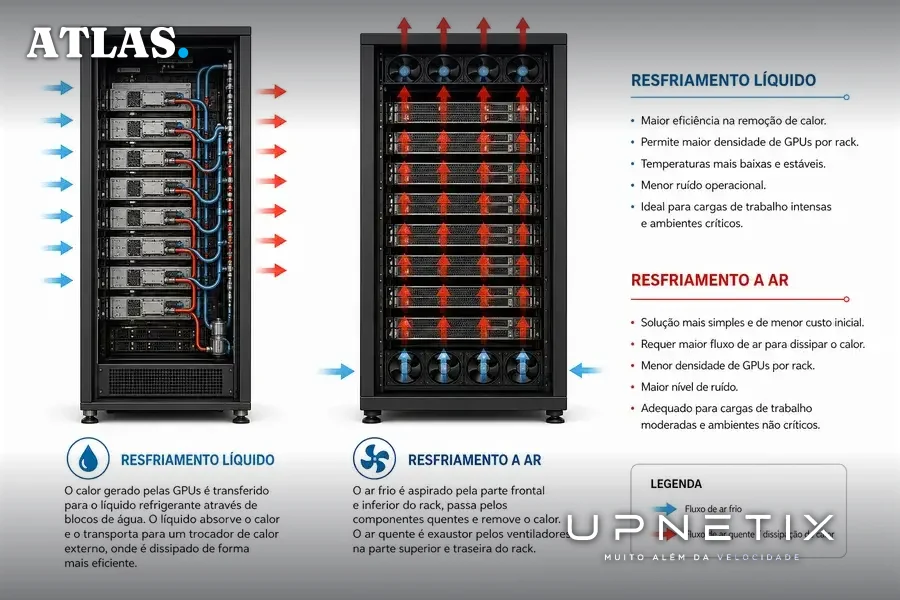 Diagrama realista comparando resfriamento líquido e resfriamento a ar em servidores GPU