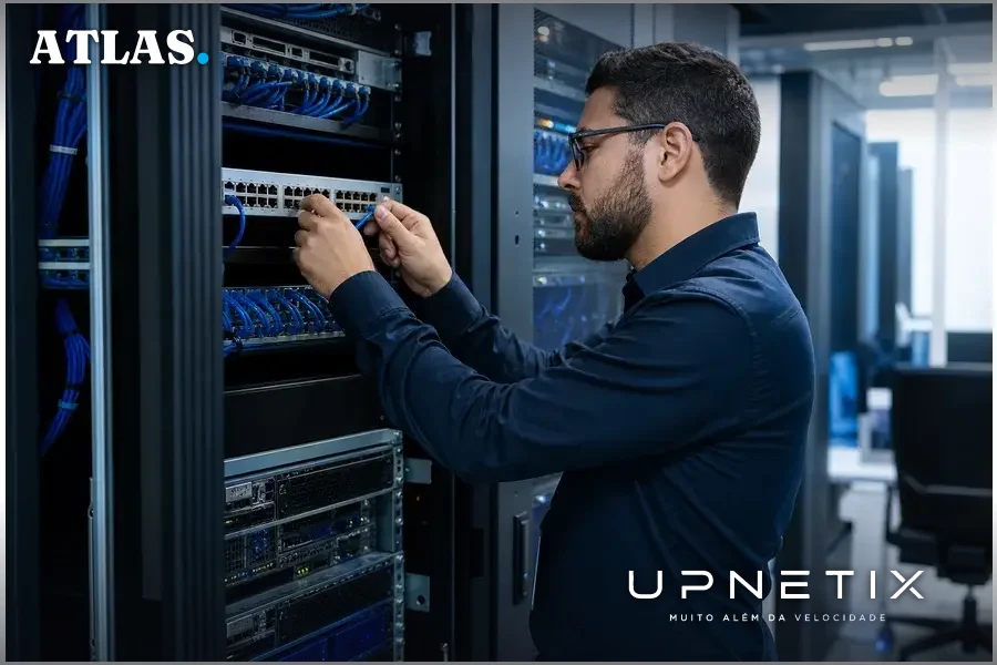 Profissional brasileiro de TI gerenciando infraestrutura de servidores em data center.