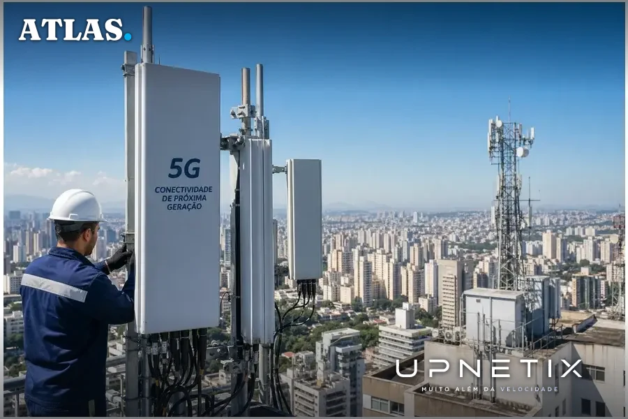 Antenas de telecomunicações 5G em edifícios urbanos no Brasil, mostrando infraestrutura moderna.