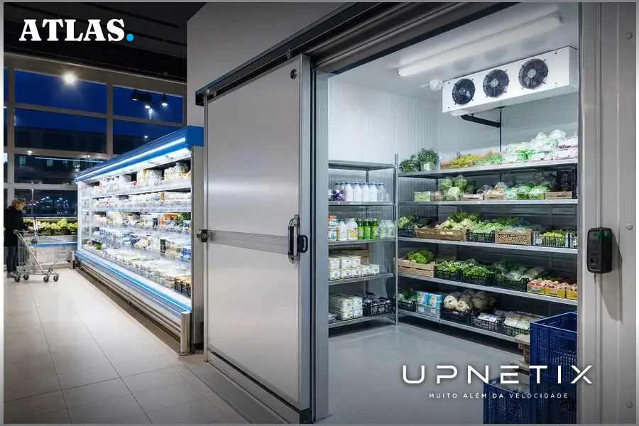 Supermercado francês com sistemas de refrigeração em operação à noite