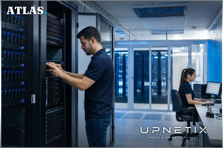 Interior de um data center moderno com servidores e equipamentos de tecnologia da informação em operação.