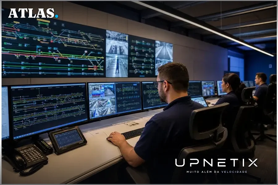 Ambiente de controle do Metrô de São Paulo com operadores e painéis digitais monitorando operações.