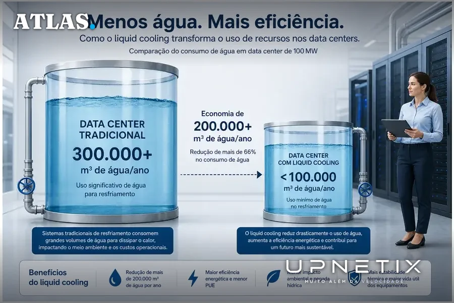 Ilustração comparativa do consumo de água em data centers tradicionais versus liquid cooling